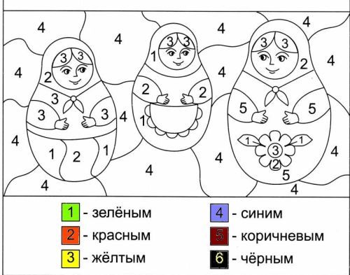 матрёшки - раскраска с подсказкой